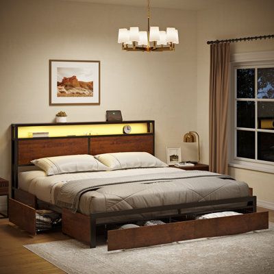 This platform bed frame has a 2-tier storage headboard and storage drawers on wheels to greatly increase storage space. 2 AC outlets and 2 USB power strips built into the headboard are convenient for you to charge your Phone and Pad. In addition, its adjustable LED lights create various scenes with colour-changing lighting. The wood grain of the bed adds character and warmth to your room. We provide a clear installation manual, video, and all the tools you need to assemble the bed frame easily. Drawers On Wheels, Bed With Led Lights, Storage Headboard, King Headboard, Headboard Storage, Colour Changing, Installation Manual, Platform Bed Frame, Modern Bed