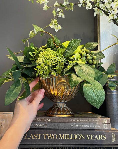 Green Faux Flowers Centerpiece in Gold Iron Vase, Silk Hydrangea, Berry Clusters & Greenery, Real Touch Artificial Floral Arrangement Decor - Etsy Green And Brown Flowers, Trophy Flower Arrangement, Coffee Table Floral Arrangements, Corporate Event Flowers, All Greenery Centerpieces, Gold Urn Centerpiece, Yellow Floral Arrangements, Faux Flower Centerpiece, Modern Regency