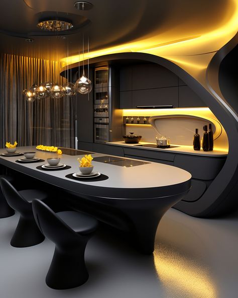 Futuristic Dining Room, Color In Kitchen, Futuristic Kitchen Design, Futuristic Home Design, Dark Modern House, Lotus House, Mansion Kitchen, Architecture Blueprints, Romantic Bed