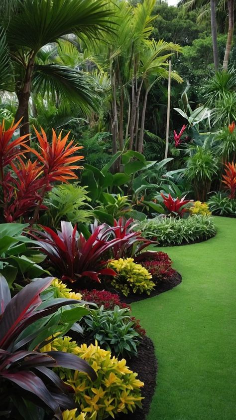 Bringing the Tropics Home: 15 Fresh and Fun Tropical Garden Design Ideas for Small Spaces - Fads Tropical Garden Layout Plan, Australian Tropical Garden, Front Yard Landscaping Australian Modern, Front Garden Ideas Australian, Tropical Garden Design Landscaping, Tropical Garden Uk, Modern Tropical Garden, Florida Plants Landscaping, Tropical Backyard Landscaping