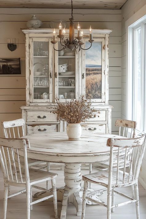 Turning Dining Room Into Sitting Room, Shabby Chic Dining Room Ideas, Cottage Dining Room Ideas, Chic Dining Room Ideas, Cottage Core Dining Room, Cottage Addition, Shabby Chic Kitchen Table, Country Kitchen Shelves, French Country Dining Room Decor