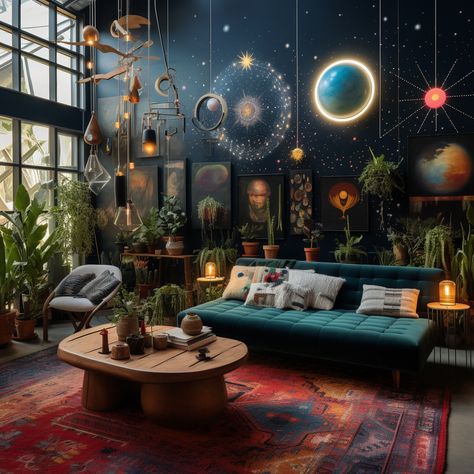 Astrology Living Room Decor, Colorful Hygge Living Room, Astrologer Office Interior Design, Celestial Themed Room, Celestial Office Decor, Moody Celestial Bedroom, Astrology Themed Room, Astrology Themed Bedroom, Astrology Interior Design