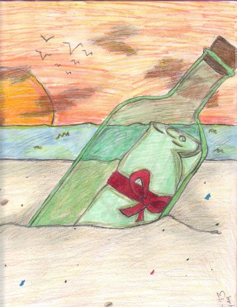 Message In A Bottle Drawing, In A Bottle Drawing, Sand Drawing, Bottle Drawing, Round Robin, Painted Bottle, Mural Ideas, Pencil Crayon, Art Things