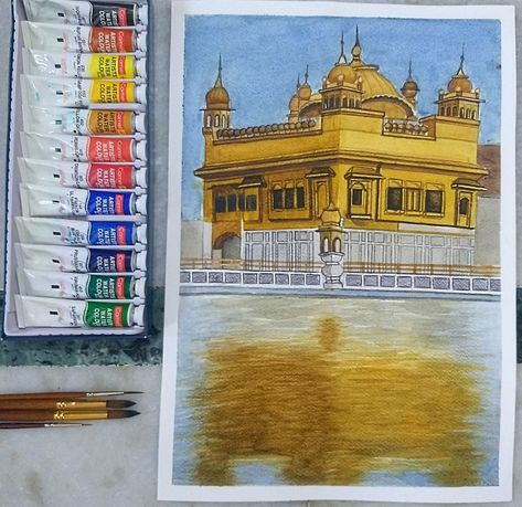 Watercolor painting of Golden temple Golden Temple Watercolor Painting, Gurudwara Painting, Golden Temple Drawing, Golden Temple Painting, Iron Man Drawing, Temple Painting, Sikh Art, Temple Drawing, Pencil Sketches Easy