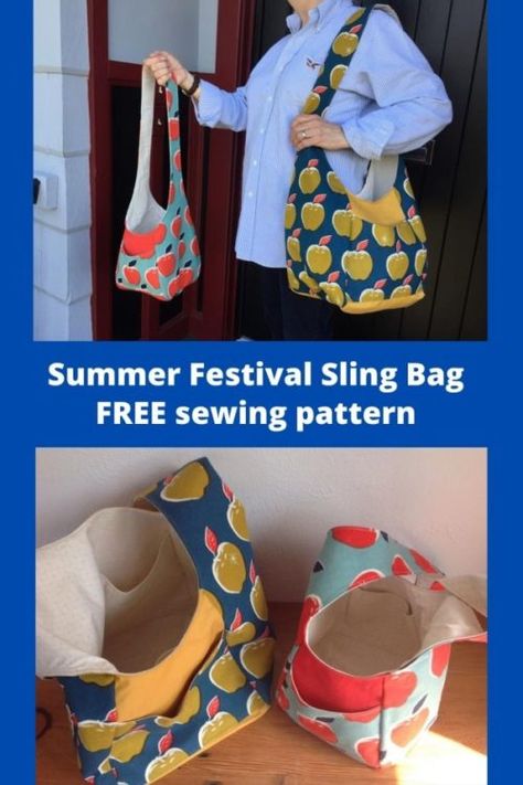 Summer Festival Sling Bag FREE sewing pattern. Here is an easy to sew, reversible bag with a casual boho vibe. The Summer Festival Sling Bag from Swoon Patterns comes in two sizes and the pattern is FREE. Summer includes four slip pockets and a long crossbody strap. Free shoulder bag sewing pattern, easy casual bag to sew for beginner sewers. Swoon at SewModernBags Diy Sling Bag Pattern, Sling Bag Pattern Free, Cross Body Bag Pattern Free, Diy Sling Bag, Bag Free Sewing Pattern, Festival Tote Bag, Boho Bag Pattern, Sling Bag Pattern, Cross Body Bag Pattern