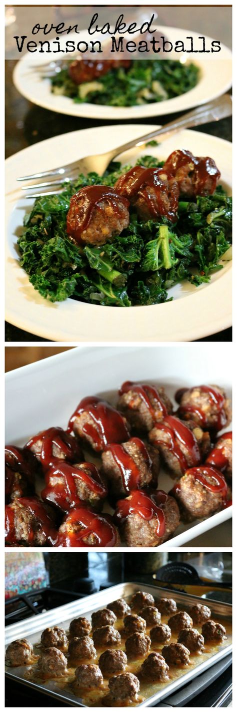 Oven Baked Venison Meatballs Venison Swedish Meatballs, Venison Meatball, Ground Venison Recipes Meatballs, Bison Meatballs Baked, Venison Bbq Meatballs, Venison Meatballs, Braised Kale, Sauteed Kale, Venison Recipes