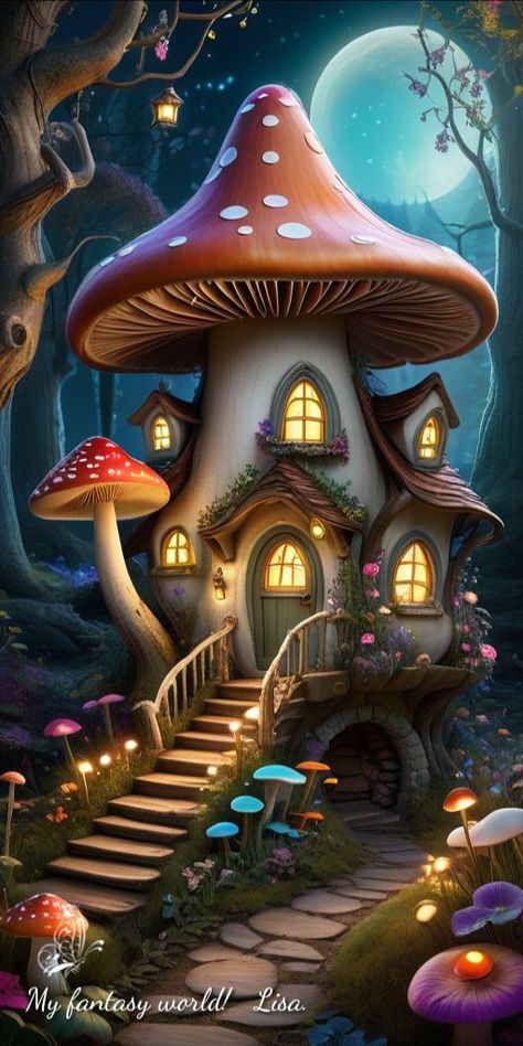 Fairy Garden Mushrooms, Color Day, Mushroom Wallpaper, Love Pink Wallpaper, Fantasy Drawings, Fairy Garden Houses, Mushroom House, Fantasy Forest, Fantasy House