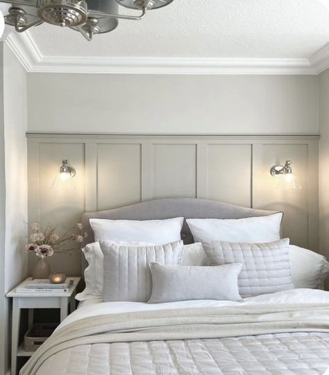 Panelled Walls Bedroom Headboards, Bedroom Panelling, Plaster Coving, Panels Bedroom, Bedroom Revamp, Neutral Bedroom Decor, Wall Panels Bedroom, New Bedroom Ideas, Beige Bedroom