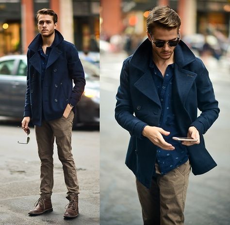 William Montgomery Shirt And Pants Combinations For Men, Peacoat Outfits, Best Chinos, Adam Gallagher, Peacoat Men, Blue Coat, Young Men, Mens Winter Fashion, 가을 패션