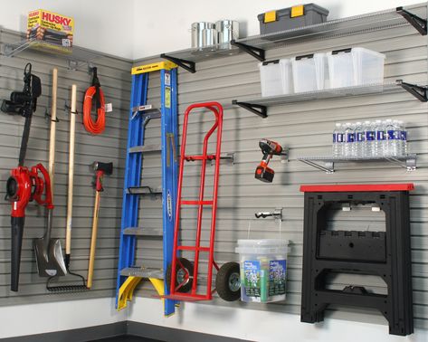 Slatwall Garage, Paneling Sheets, Slat Wall Paneling, Tool Wall Storage, Garage Wall Organizer, Garage Wall Storage, Wood Storage Shelves, Wall Storage Systems, Ladder Storage