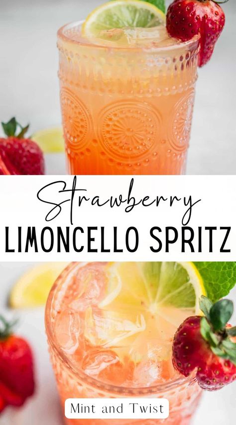 This strawberry limoncello spritz is a yummy twist on a classic spritz with the addition of fresh strawberries and limoncello liqueur. A strawberry limoncello spritz is a perfectly balanced sweet and sour cocktail with the sweetness from the strawberries, the depth of Prosecco and sourness from the limoncello. Topped off with soda water to finish off this spritz, its a delicious summer cocktail. Strawberry Cocktail, Limoncello Spritz, Yummy Summer Cocktails, Strawberry Cocktails, Easy Cocktail, Sour Cocktail, Refreshing Food, Fruity Drinks, Soda Water