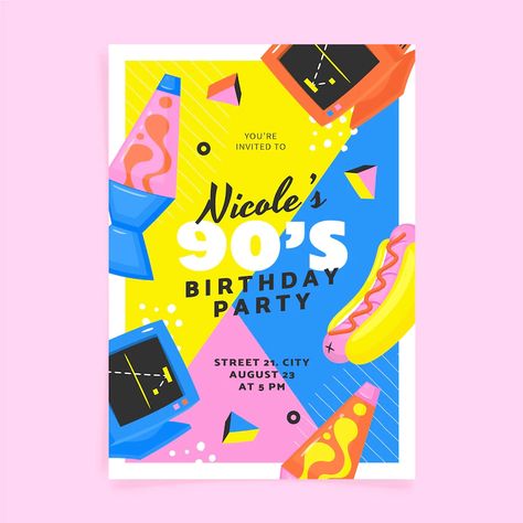 90th Birthday Invitations, Miami Party, 90s Theme Party, 90's Birthday Party, 90s Theme, 90th Birthday, Party Invite Template, Vector Hand, Templates Free