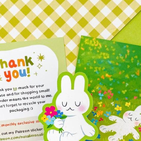 Nana🌱 on Instagram: "If you haven’t seen them yet, these are my new shop freebies! Every order comes with a little thank you card and vinyl sticker 🐰🌷 I like to use cards like that to decorate my wall so I hope some people save and reuse them ☺️  * * * #cutearteveryday #kawaiiartwork #kawaiiaesthetic #kawaiiartist #cuteartwork #kawaiiart #cuteart #illust #illustration #shopsmall #smallbusiness #stickershop" Etsy Thank You Card Ideas, Artist Thank You Cards, Illustrator Business Card Design, Thank You Card Illustration, Small Art Business Ideas, Cute Branding Design, Thank You Sticker, Thank You For Your Order, Thank You Card