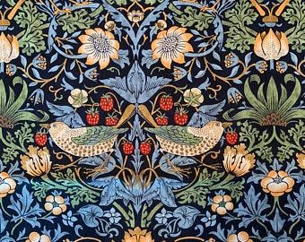 William morris fabric by the yard | Etsy Deep Blue Wallpaper, Toilet Accessories Decor, The Strawberry Thief, Blue Strawberry, Graham Brown, Outdoor Living Furniture, Baby Rugs, Strawberry Thief, Graham & Brown