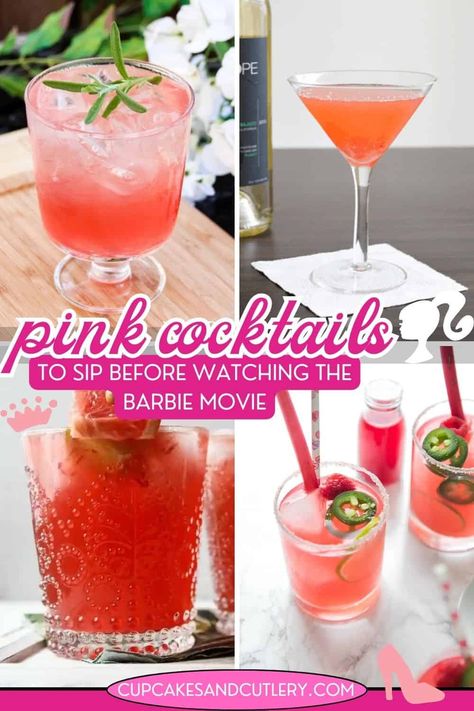 Barbie Birthday Party Drinks, Barbie Movie Cocktails, Barbie Pink Cocktail, Barbie Movie Viewing Party, Pink Barbie Snacks, Barbie Theme Party Adult, Barbie Theme Drinks Alcohol, Malibu Barbie Pink Cocktail, Pink Barbie Drink Alcohol