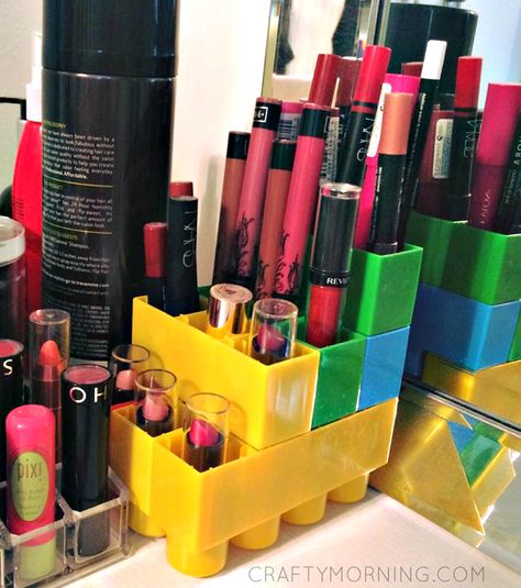 Lego Duplo Lipstick Storage Hack - Crafty Morning Lipgloss Storage, Lego Storage Diy, Easy Storage Hacks, Lego Jewelry, Storage Hacks Diy, Crafty Morning, Lipstick Storage, Lego Diy, Diy Home Accessories