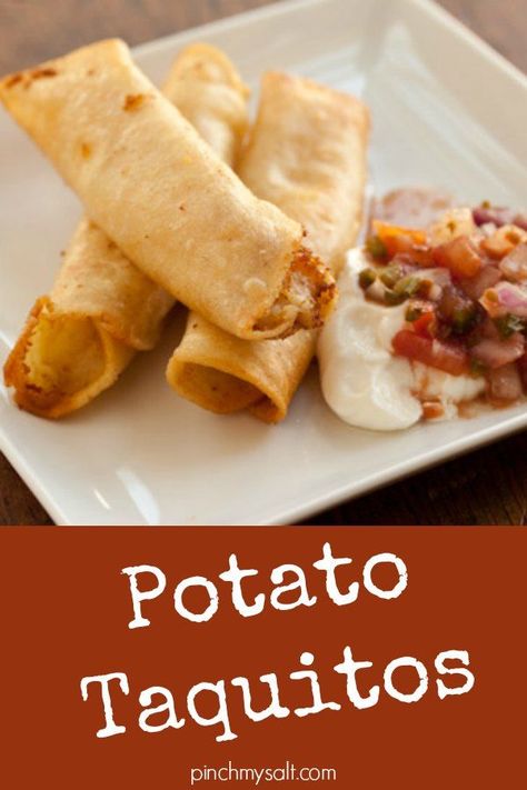 This easy potato taquitos recipe is made with leftover mashed potatoes so they can be made in minutes. The crispy fried taquitos can be made with plain mashed potatoes or you can add a little cheese. Mexican Taquitos de papa are pure comfort food - don’t forget the salsa and sour cream! | pinchmysalt.com Taquitos Potato, Mexican Taquitos, Potato Taquitos, Cheese Table, Taquitos Recipe, Leftover Mashed Potatoes, Mashed Potato, Potatoe Salad Recipe, Mexican Recipes