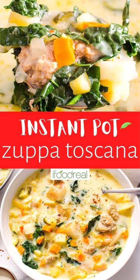 Full of flavor Instant Pot Zuppa Toscana is famous Olive Garden's copycat soup recipe with hearty Italian sausage, potatoes and kale. This version of tuscan soup is lighter without heavy cream but still just as creamy and delicious. Italian Sausage Potatoes, Copycat Soup, Instant Pot Zuppa Toscana, Potatoes And Kale, Zuppa Toscana Soup, Toscana Soup, Cut Recipe, Italian Sausage Recipes, Soup Healthy