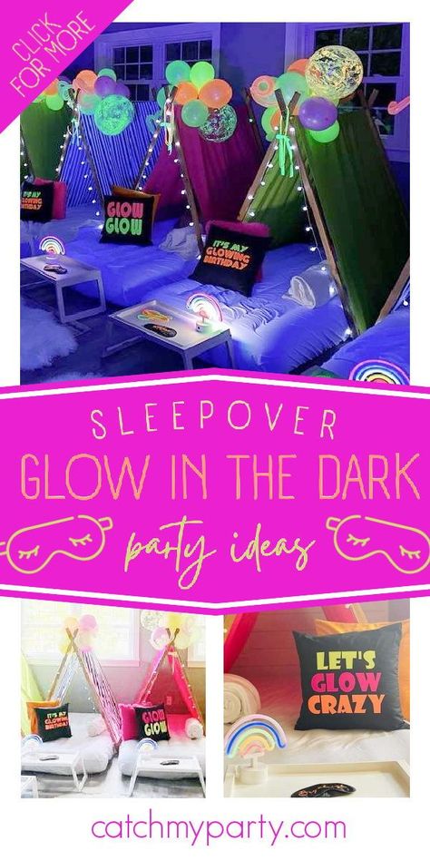 Trampoline Sleepover Birthday Party Ideas, Glow In The Dark Teepee Party, Neon Slumber Party, Glow Slumber Party Ideas, Glow Slumber Party, Glow Party Sleepover Ideas, Glow Sleepover Party, Glow In The Dark Party Ideas For Kids, Glow In The Dark Sleepover