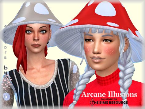 bukovka's Arcane Illusions - Mushroom Hat Sims 4 Arcane, Cow Hat, Cc Hats, Mushroom Hair, Christmas Tree Sweater, Quilted Skirt, Tree Sweater, Mushroom Hat, Hat Custom