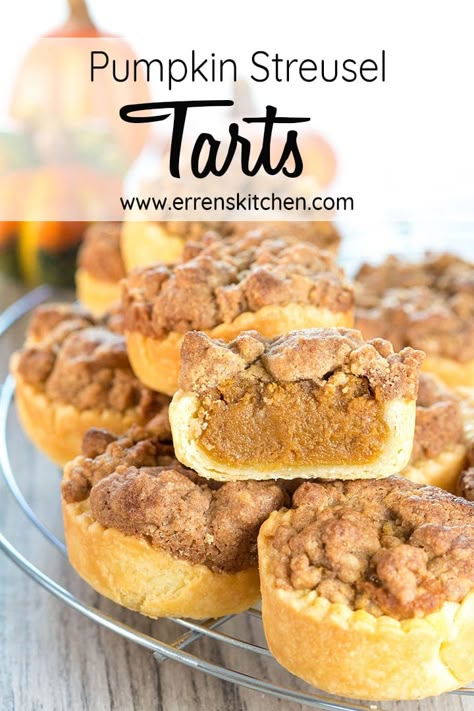 This recipe for Pumpkin Streusel Tarts creates not only the perfect Autumn Dessert but it is also a decadent treat for many occasions like Hallowwen or Thanksgiving, you will have friends and family asking about these! #ErrensKitchen #Desserttable #dessertstory Pumpkin Streusel, Autumn Dessert, Pumpkin Tarts, Tart Shells, Fall Spices, Recipes Dessert, Homemade Pumpkin, Pumpkin Dessert, Fall Baking