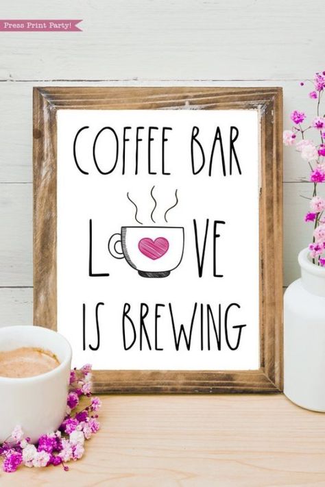 Diy Wedding Bar Sign, Love Is Brewing Sign, Mermaid Favor, Love Is Brewing, Box Printable, Coffee Stations, Farmhouse Coffee Bar, Coffee Bar Sign, Home Coffee Stations