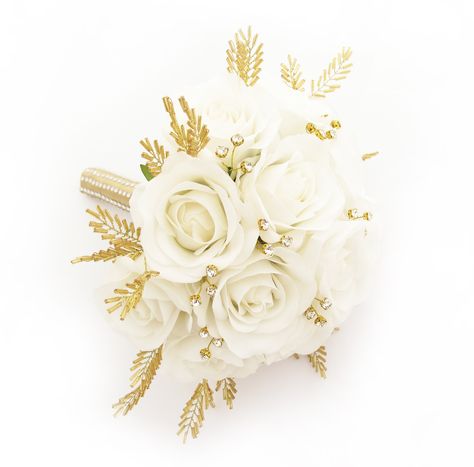 Vintage glam! A medium posy of soft white fresh touch roses, gold diamantes and gold beaded leaf embellishment. Note the diamante detail on the wrapped stems. Find your perfect wedding flowers at http://www.loveflowers.com.au White And Gold Wedding Bouquet, Gold Wedding Bouquets, Gold Wedding Flowers, Wedding Bouquet Ideas, White And Gold Wedding, White Flower Bouquet, White Rose Bouquet, Cascading Flowers, Wedding Lanterns