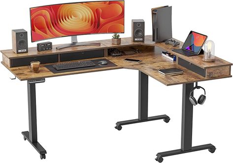 Amazon.com: FEZIBO Triple Motor 63" L Shaped Standing Desk with 3 Drawers, Electric Standing Desk Adjustable Height, Corner Stand up Desk with Splice Board - Rustic Brown : Office Products L Shaped Standing Desk, Standing Desk Adjustable, Corner Gaming Desk, Desk Adjustable Height, Corner Standing Desk, Corner Stand, Desktop Drawers, Electric Standing Desk, Adjustable Height Standing Desk