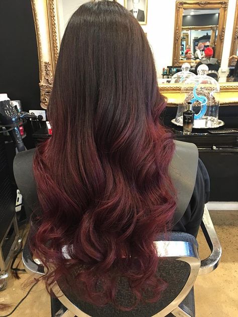 Scarlet Siren: Seductive Hairstyle Ideas for Red-Haired Vixens Red Hair Back Of Head, Cherry Red Ombre Hair, Red Ends On Black Hair, Black Hair With Red Highlights Long, Black Hair With Red Ends, Black To Red Balayage, Deep Red Balayage Hair, Red Ends On Brown Hair, Red Hair Indian