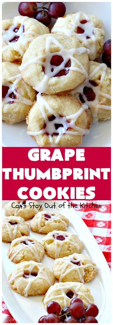 Thumbprint Cookies Christmas, Thumbprint Cookies With Icing, Best Thumbprint Cookies, Cookies Thumbprint, Grape Dessert, Powdered Sugar Icing, Jam Thumbprint Cookies, Cookie Recipe Video, Cookie Icing Recipe