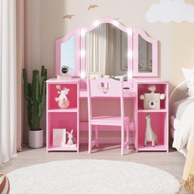 Harriet Bee Vanity Table - Princess Dressing Table w/ Touch Light, Detachable Tri-Folding Mirror, Open Storage Shelves | C111289809_620327326 | Wayfair Canada Open Storage Shelves, Kids Vanity, Vanity Table, Open Storage, Dressing Table, Storage Shelves, Bee, Vanity, Desk