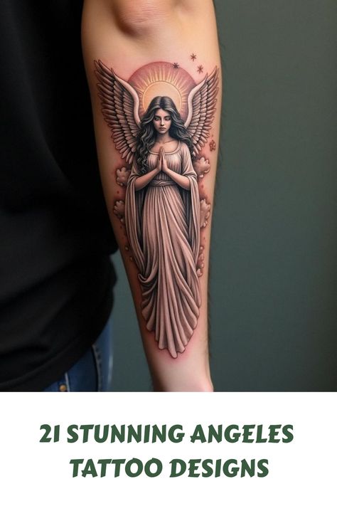 21 Stunning Angeles Tattoo Designs La Tattoo, Angel Tattoos, Cool Forearm Tattoos, Angels Wings, Tattoo Care, Spiritual Tattoos, Tattoo Bracelet, Sternum Tattoo, Japan Tattoo