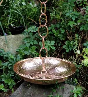 Rain Chain Basin, Copper Rain Chain, Copper Rain Chains, Bird Fountain, Cottage Vibes, Rain Chains, How To Polish Copper, Rain Chain, Copper And Brass