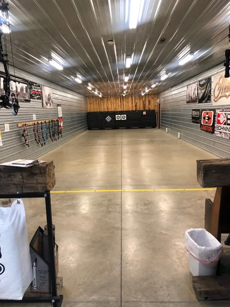 Check out our indoor archery range! Indoor Bow Shooting Range, Indoor Bow Range, Archery Range Indoor, Archery Room Ideas, Archery Shop Ideas, Home Armory Ideas, Indoor Archery Range Home, Home Archery Shop, Archery Set Up