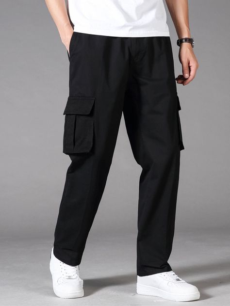 Black Street Collar  Fabric Plain Cargo Pants Embellished Non-Stretch Spring/Summer/Fall Men Bottoms Black Cargo Pants Outfit Men, Black Cargo Pants Outfit, Cargo Pants Outfit Men, Outfits Quotes, Cargo Outfit, Minimalist Fashion Men, Pants Outfit Men, Side Pants, Classy Outfits Men