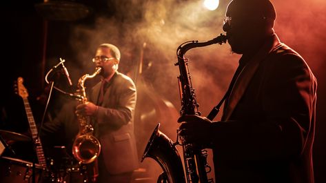 Jazz Night Concert: Silhouetted jazz musicians lost in the music, playing saxophones on a dimly lit stage with fervor. #jazz #concert #music #saxophone #performance #stage #musicians #silhouette #aiart #aiphoto #stockcake https://ayr.app/l/zSzx Blues Music Aesthetic, Concert Illustration, Jazz Aesthetic, Jazz Performance, Playing Saxophone, Jazz Night, Night Concert, Customer Profile, Jazz Concert