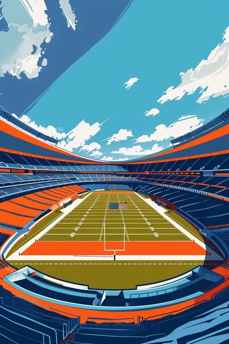 This is a digital illustration of a football stadium. The stadium is full of people and the American flag is waving in the background. The sky is blue and there are some clouds in the sky. The stadium is made of orange and blue. Stadium Illustration Design, Football Stadium Illustration, Stadium Graphics, Australian Childhood, Stadium Illustration, American Football Stadium, Football Background, Stadium Art, Snow Illustration