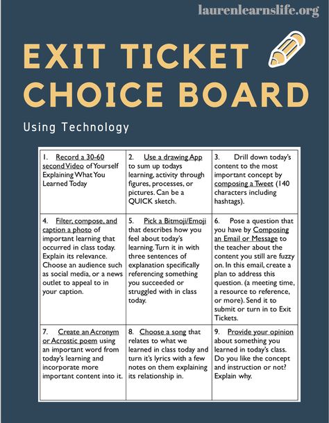 Choice Boards in the Classroom Through Using Exit Tickets & Technology.   From ways to check understanding at the door by using Google, Flipgrid, Bitmoji and More!   Edutech use at its finest 7-12 grades. Student Choice In The Classroom, Science Choice Boards High School, Ela Choice Boards Middle School, Exit Ticket Ideas High School, Choice Boards High School, Digital Learning Classroom, Remote Teaching, Exit Slips, Virtual Teaching