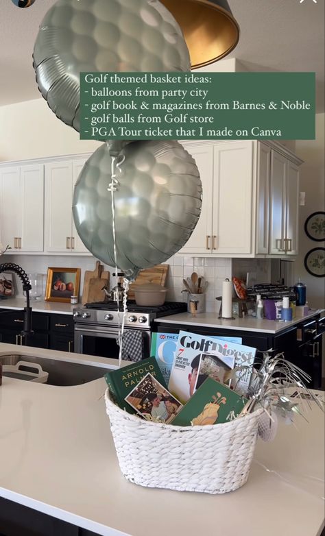 Golf Gift Ideas, Golf Basket Ideas For Men, Anniversary Gift Ideas For Him Golf, Golf Gift Basket Ideas, Boyfriend Golf Gifts, Golf Bf Gifts, Golf Themed Gifts For Boyfriend, Decorating Golf Balls For Boyfriend, Boyfriend Easter Basket