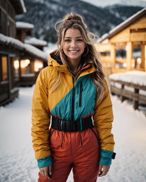 Happy woman in colorful ski overall. #woman #skioverall #ski #colorful #snow Snowboarding Outfit Women's, Ski Vintage, Ski Outfit, Snowboarding Outfit, Winter Mode, Bikes Girl, Happy Women, Winter Sports, Photography Women