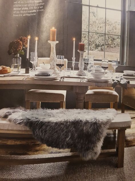 Sheepskin throw over bench Sheepskin On Bench, Sheepskin Bench, Bench Seating Dining, Bench Dining Room, Modern Western Home Decor, Bolton House, Niddy Noddy, Leather Dining Bench, Table With Bench