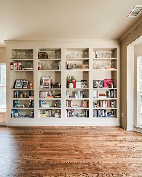 Off Center Windows, Homeschool Room, Library Wall, Builder Grade, Wall Bookshelves, Diy Renovation, Detail Shots, Home Library, The Peace