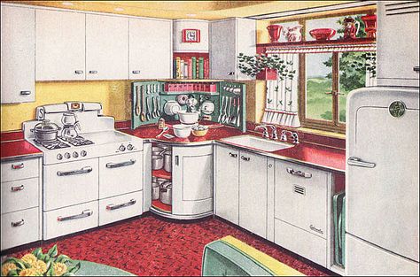 The American Gas Association had a colorful series of kitchen ads that ran from late 1945 to 1947 in home magazines including American Home from which this one was taken. 1940s Kitchen, 1940s Home, 1950s Kitchen, Corner Kitchen, Camping Inspiration, American Kitchen, Fun House, Retro Interior, House Things