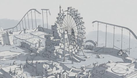 Amusement Park Concept Art, Amusement Park Architecture, Amusement Park Layout, Environment Drawing, Environment Inspiration, Short Animation, Park Designs, Parking Design, Architecture Illustration