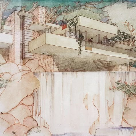 Frank Lloyd Wright Illustration, Frank Lloyd Wright Sketches, Fallingwater Frank Lloyd Wright, Frank Lloyd Wright Drawings, Falling Water Frank Lloyd Wright, Falling Water House, Frank Lloyd Wright Architecture, Frank Lloyd Wright Buildings, Frank Lloyd Wright Design