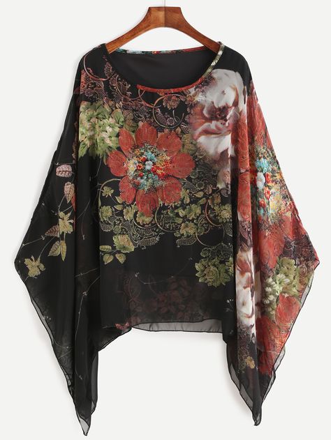 Shop Kimono Sleeve Florals Chiffon Blouse online. SheIn offers Kimono Sleeve Florals Chiffon Blouse & more to fit your fashionable needs. Kimono Sleeve Top, Batwing Sleeve Top, Batwing Sleeve Blouse, Floral Chiffon Blouse, Kaftan Designs, Women Blouses Fashion, Tops Blouse, Black Floral Print, Floral Print Shirt