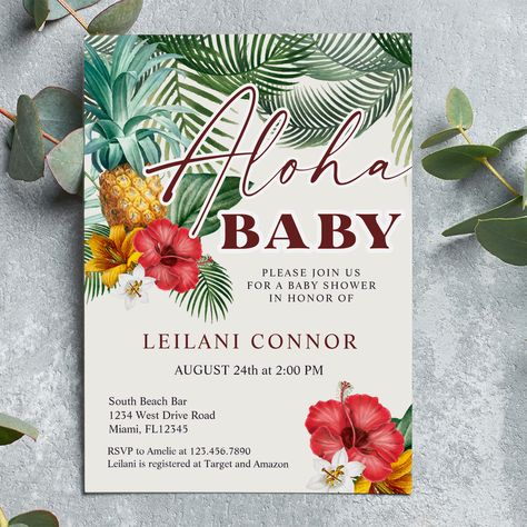 With a beautiful pineapple design and gorgeous typography, this tropical-themed baby shower invitation is perfect for celebrating the new arrival with your friends and family. Personalize these baby shower invitations easily and get them printed or send them electronically. Hawaiian Baby Shower, Barbecue Baby Shower, Invitation Card Background, 21 Birthday Party, Summer Baby Shower Invitations, Baby Party Themes, Hawaiian Baby Showers, Beach Baby Showers, Luau Baby Showers