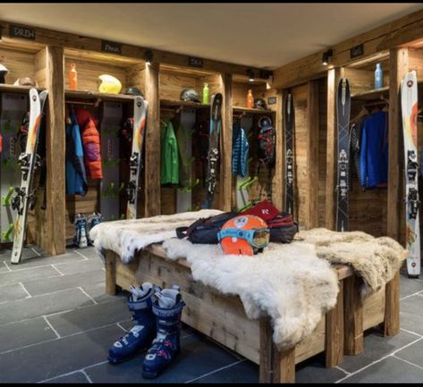 Ski Mudroom, Ski Mud Room, Skiing In The Alps, Farming Village, Ski Cottage, Ski House Decor, Gear Room, Ski Room, Ski Lodge Decor