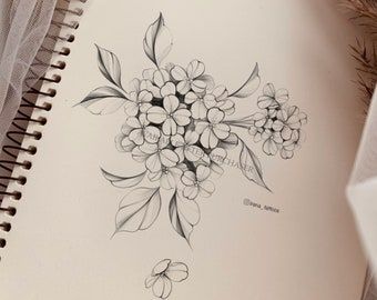 Soft Floral Tattoo Design, Hydrangea Shoulder Cap Tattoo, Peony Hydrangea Tattoo, Tattoo Flower Filler Ideas, Hydrangea And Peony Tattoo, Hydrangea Butterfly Tattoo, Hydrangea Reference, Hydrangea Tattoo Black And White, Hydrangea Tattoo Design