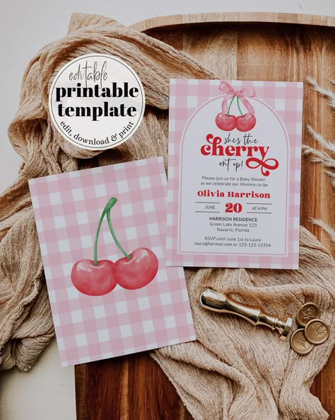 Celebrate with charm at your Cherry Baby Shower! Our Cherry-themed invitation template is the Berry Sweet Shower touch you need. With a Cherry Blossom theme, easily editable for a Coquette Invite, it includes Books for Baby and Diaper Raffle cards, making it the Cherry On Top for your Coquette Shower. Downloadable Evite for a hassle-free partyinvitation experience! Get ready to wow guests with this Berry First Invite – simply download, edit, and print! ✅ INSTANT ACCESS✅ EDIT ALL TEXT/FONT & FONT COLOR✅ PRINT AT HOME OR PROFESSIONALLY✅ DEMO 👉 https://www.corjl.com/d/195NBA 𝐖𝐇𝐀𝐓 𝐈𝐒 𝐈𝐍𝐂𝐋𝐔𝐃𝐄𝐃?• Baby Shower Invitation - 5x7''• Diaper Raffle - 5.5x4''• Books for Baby - 5.5x4''• Instructions Berry Sweet Baby Shower Invitations, Cherry Bday Theme, Our Little Cherry On Top Baby Shower Theme, Berry Party Theme, Cherry Themed Baby Shower Ideas, Soda Shop Decor, Cherry Baby Shower Theme, Cherry On Top Baby Shower Theme, June Baby Shower Ideas